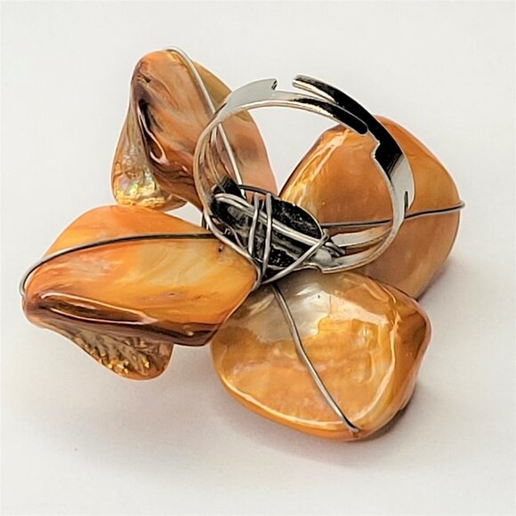 Orange Sea Shell Freshwater Pearl Bead Asymmetric Flower Adjustable Ring - Picture 10 of 13